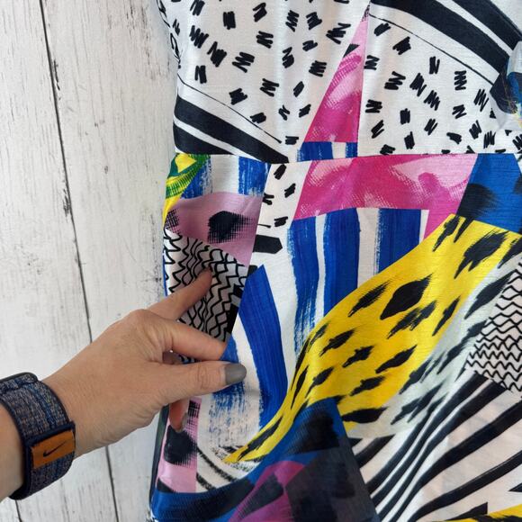 Samuel Dong Multicolor Funky Abstract Print Fitted Mini Dress Pockets Size Large - Picture 3 of 16